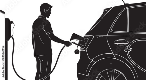 A man charging an electric vehicle at a public charging station, promoting clean energy