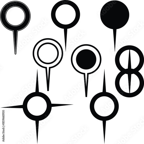 A collection of black and white push pin icons in varying styles and designs arranged on a white background