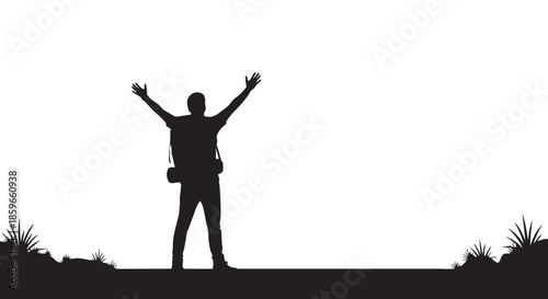 Male hiker silhouette with arms raised in victory, celebrating achievement on a white background