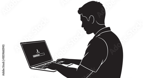 A man focused on his laptop screen, actively engaged in a digital download process
