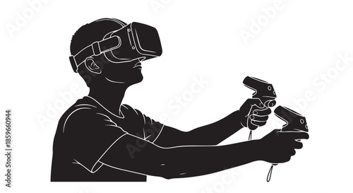 Young person deeply immersed in an advanced virtual reality gaming experience with a headset and controllers