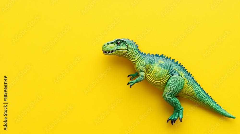 Fototapeta premium A bright green toy dinosaur on a yellow background emphasises playfulness and joy, serving as a cheerful backdrop for children's posters or educational materials.