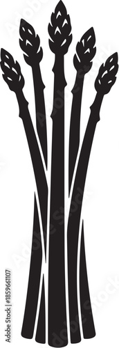  Black asparagus silhouette with vertical stick-like stalks, clean minimal design, white background