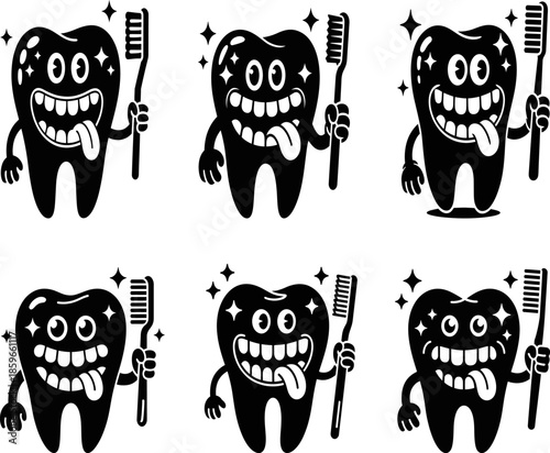 Cartoon teeth characters happily holding toothbrushes in a playful black and white design