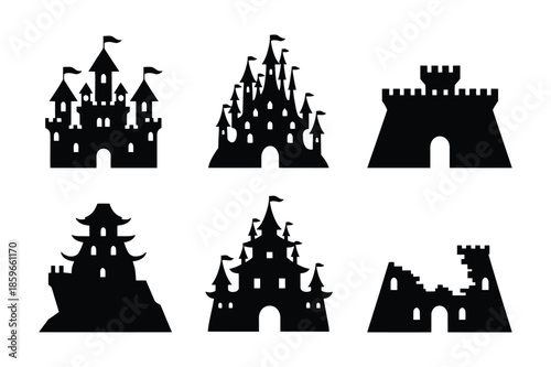 Castle and fortress silhouette icons set for games and design