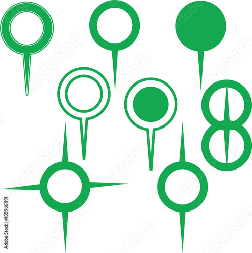 A collection of vibrant green push pins and location markers arranged in a visually interesting composition