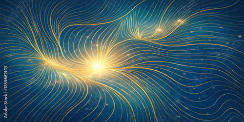 A bright blue abstract fractal burst background features a glowing star pattern with energy rays and light beams in a space sky design for a vibrant wallpaper texture