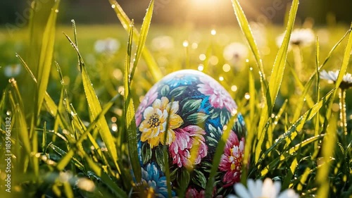 Decorated easter egg in lush green grass with flowers and bright sunlight background for spring holiday