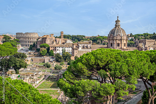 A wide view of the Imperial Forum and the Colosseum in Rome
