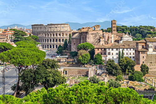 A wide view of the Imperial Forum and the Colosseum in Rome