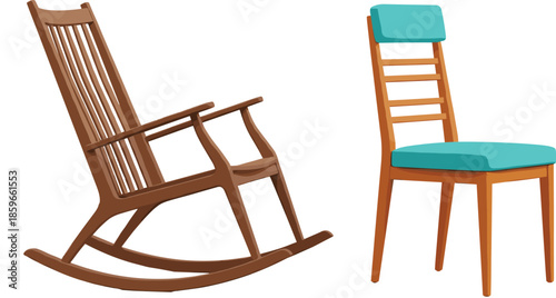 Wooden rocking chair and modern dining chair vector illustration isolated on white background for furniture design interior decoration and home decor projects