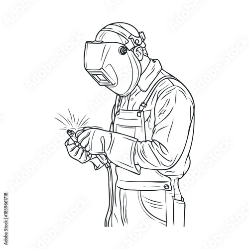 A skilled welder focuses on his work while wearing protective gear. Vector black icon
