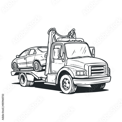 Tow truck assisting vehicle in city environment. Vector black icon