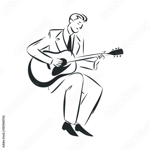 Musician playing guitar in a casual setting with vintage style. Vector black icon