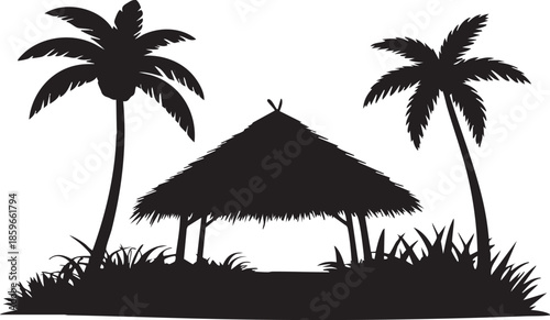 Tropical island hut with palm trees and grassy landscape in black silhouette on white background, vacation and relaxation concept