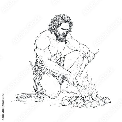 Man preparing food over an open fire in a prehistoric setting. Vector black icon
