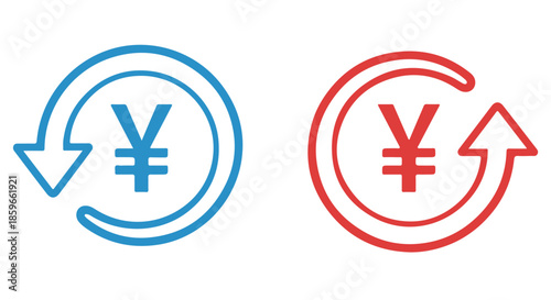 Currency exchange concept with yen symbol and arrows in blue and red