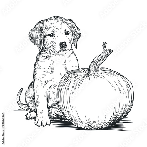 Adorable puppy sitting beside a pumpkin in a cozy autumn setting. Vector black icon