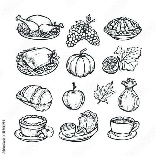 Autumn harvest celebration with traditional dishes and decorations. Vector black icon