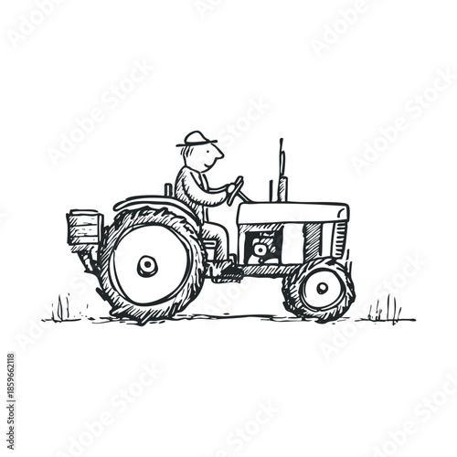 Farm life with a tractor in a rural landscape during summer. Vector black icon