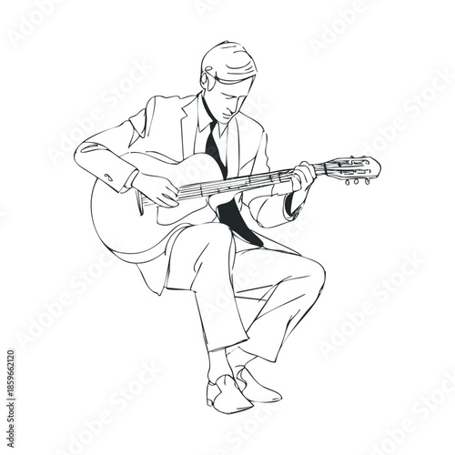 Elegant man playing acoustic guitar in a stylish outfit. Vector black icon
