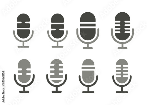 Microphone audio recording and podcast equipment flat vector icons set