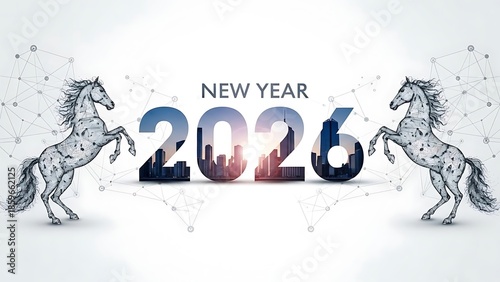 Horse jumping to 2026. 2026 New Year concept. New year's card 2026