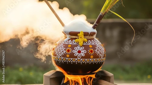 A traditional earthen Pongal clay pot with milk boiling on wood fire with sugarcane and a natural outdoor background for harvest celebration, makar sankranti and lohri