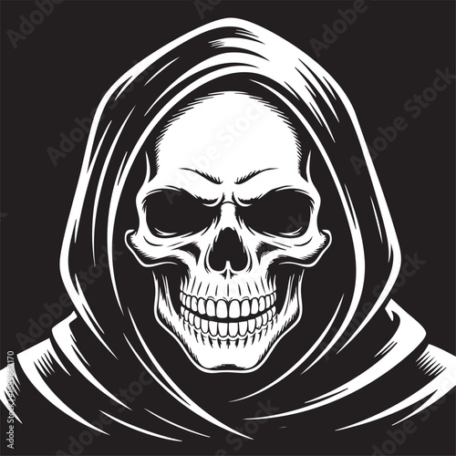 Black and white illustration of a grim reaper with a hood and skeletal face on a black background