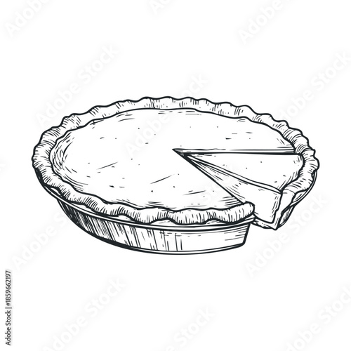 Delicious homemade pie with a slice removed for tasting. Vector black icon