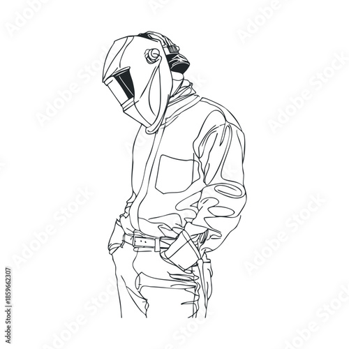 Worker in safety gear contemplating before a task outdoors. Vector black icon