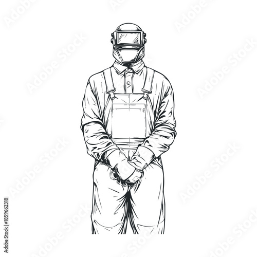 Welder in protective gear ready for work in industrial setting. Vector black icon