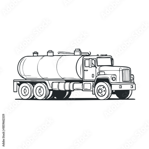 Fuel delivery truck for transportation needs in urban areas. Vector black icon