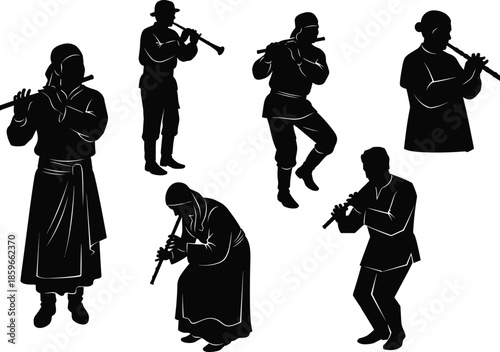 Silhouette of musicians playing flutes, black figures in cultural poses, wind instruments, traditional music, artistic expression, global heritage