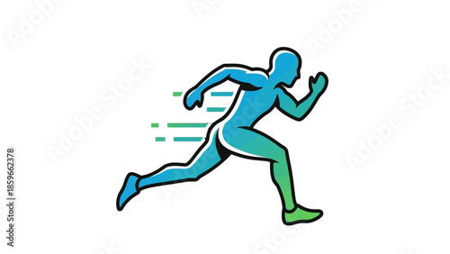 Stylized blue-green male runner sprinting with abstract speed lines, energetic graphic illustration on isolated white background.