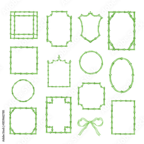Green frame set of watercolor bamboo stems, border for the design and decoration of banners, invitations, and postcards.