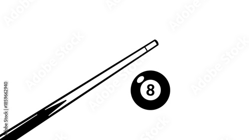 Minimalist Black 8-Ball and Billiard Cue Stick on Isolated White Background