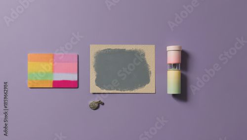 Artistic Still Life Composition Featuring Colorful Blocks, a Painted Card, and an Hourglass on a Purple Surface, Ideal for Creative Projects and Design Inspiration