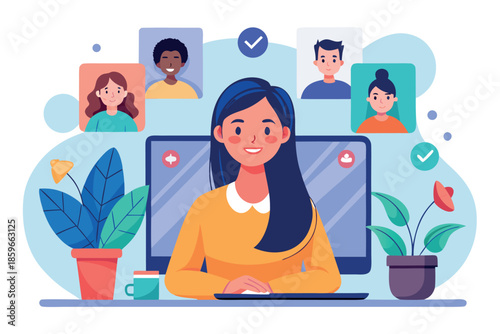Businesswoman leading virtual meeting on computer screen. Remote work concept with people in video call grid and office plants on blue background.