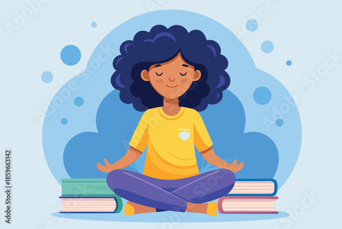 Young woman practicing meditation in lotus position surrounded by books. Mental health concept illustration showing mindfulness and peace of mind.