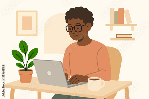 Female Remote Work Motivation Woman with Laptop Calm Productivity Color Flat Vector Illustration