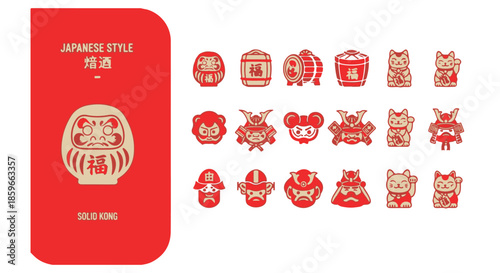 Japanese style icons collection with red daruma and lucky symbols on Transparent Background
