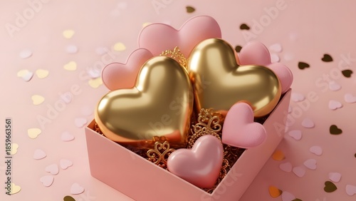 Golden heart shaped treats in pink box with chocolate chips