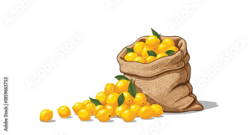 Large burlap sack overflowing with bright yellow lemons with some fruit spilled out on the ground in a cluster.