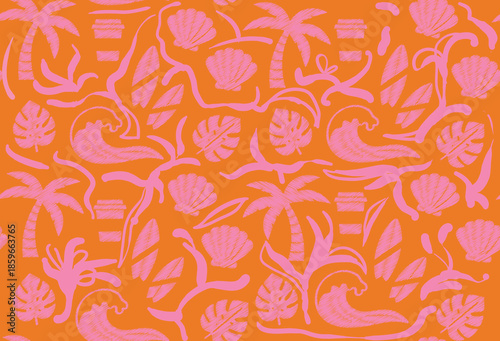 women's textile fashion print design for summer sea beach vibes. tropical seamless pattern. shell palm tree leaves print design.