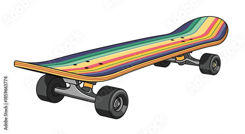 High angle view of a wooden skateboard featuring a colorful rainbow pattern on the grip tape and black wheels.