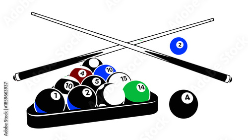 Overhead View of Billiard Pool Balls Racked with Cue Sticks and Eight Ball on Isolated White Background