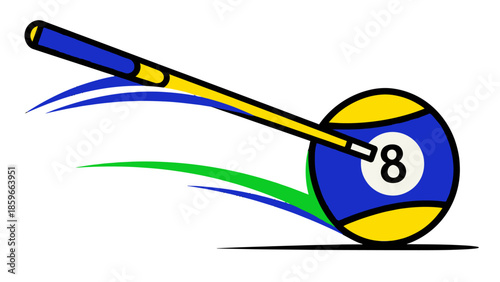 Dynamic Billiard Cue Stick and Blue Eight Ball with Colorful Swoosh Elements on Isolated White Background
