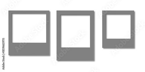 Trio of grey blank instant photo frames in varied sizes with shadows, neutral color vector mockup set for photography presentation