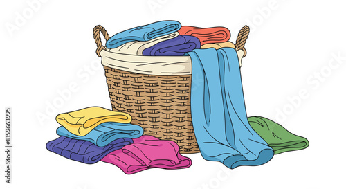 Wicker laundry basket filled with colorful folded and draped clothes like blue, red, pink, and green garments.